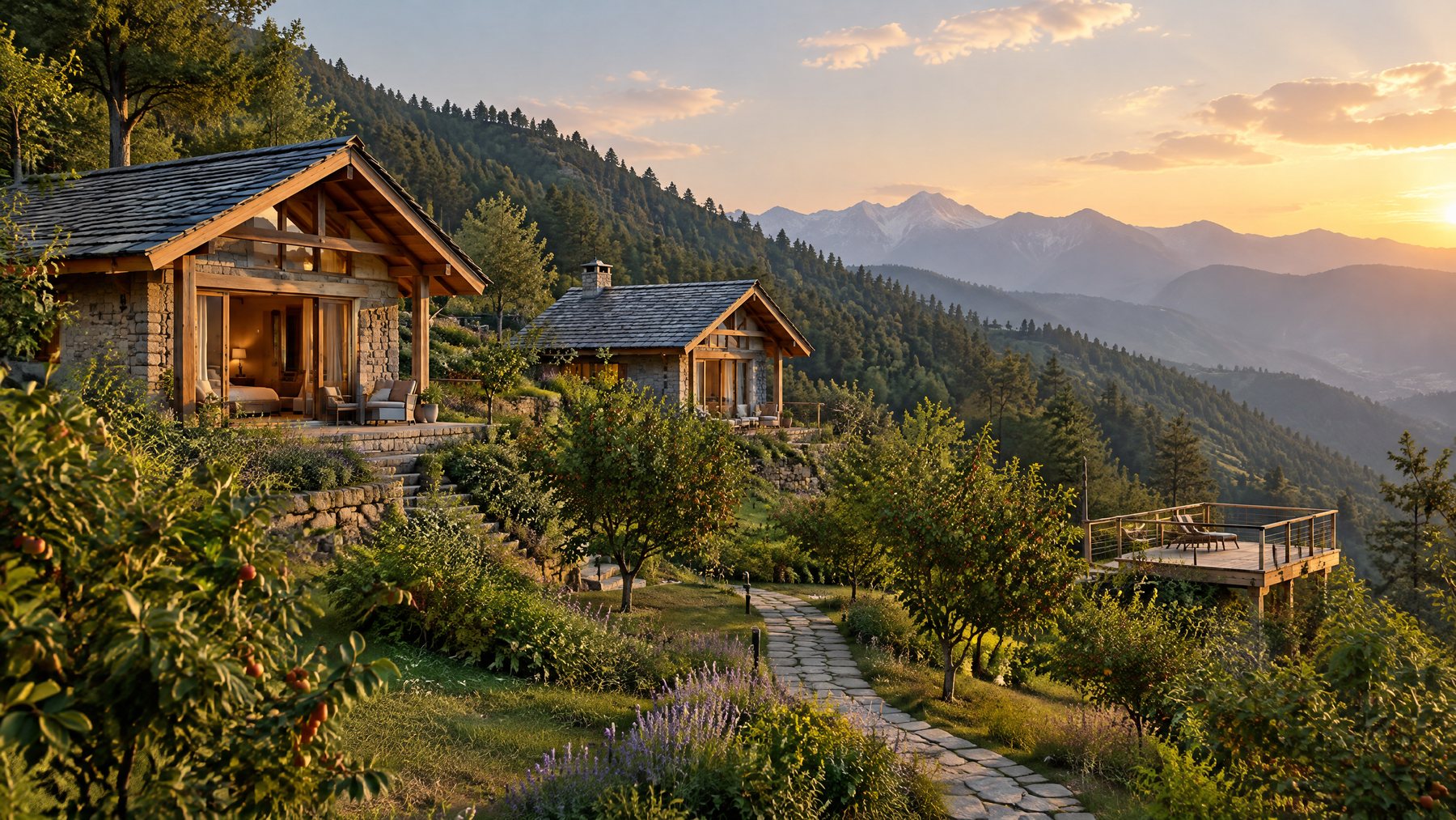 Concept view of a low-density hillside farmhouse and homestay estate